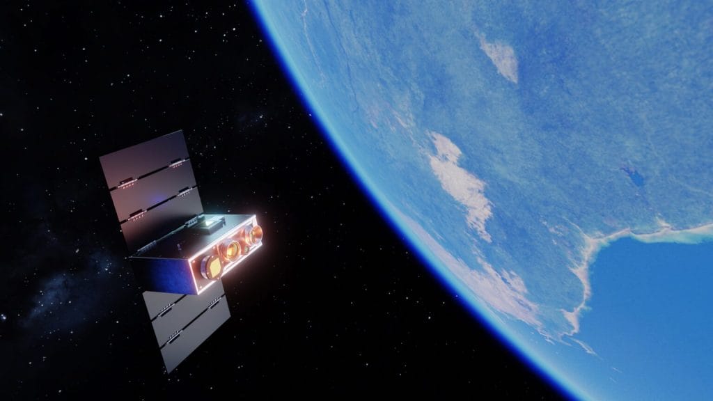 Rendering of the OroraTech FOREST-2 satellite in Earth orbit, actively monitoring and assessing wildfire risks, showcasing technology's role in wildfire management and prevention