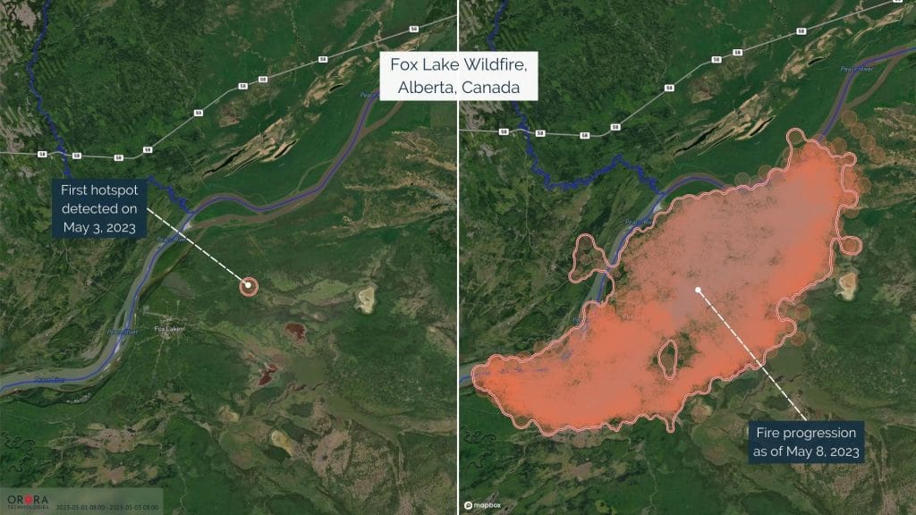 Satellite imagery captured by OroraTech showcasing the progression of the Fox Lake Wildfire in Alberta, Canada, highlighting the changing landscape due to the wildfire's spread